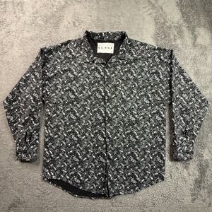 FRANK Vintage 90s Mens Button Up Shirt L Black Paisley Print Boxy Long Sleeve